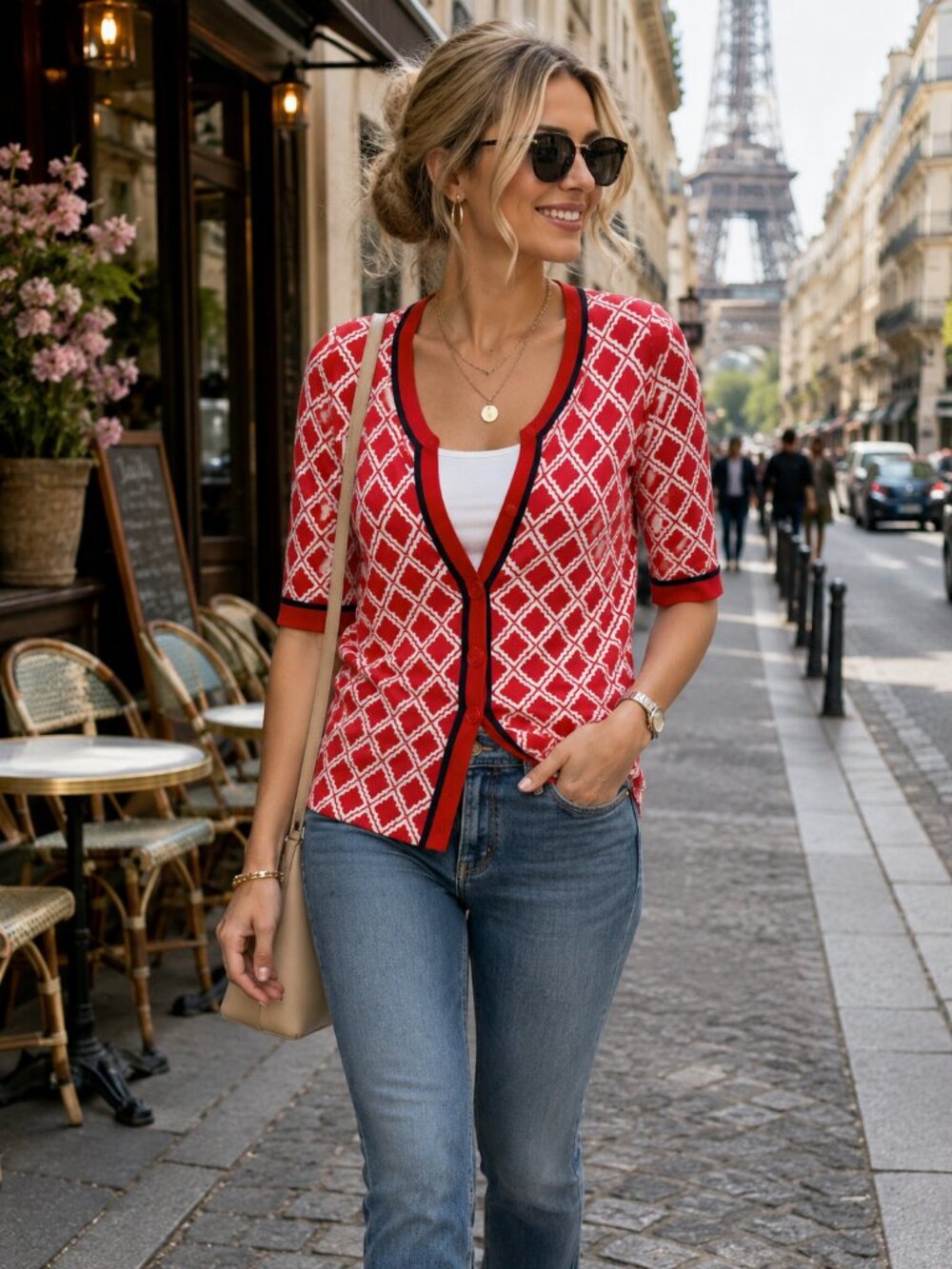 Ann Taylor LOFT Pima Cotton Cardigan Top Red/Orange Color White 3 Button Size M